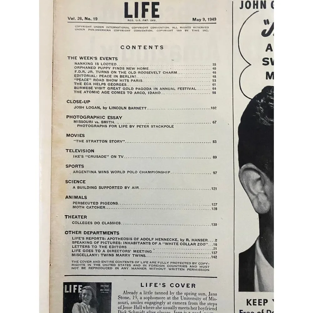 LIFE Magazine May 9 1949 Jane Stone Missouri Coed Cover VG Vintage Original